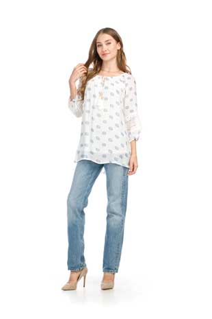 PT-16023 - POLKA DOT BLOUSE WITH LACE DETAIL - Colors: AS SHOWN - Available Sizes:XS-XXL - Catalog Page:57 